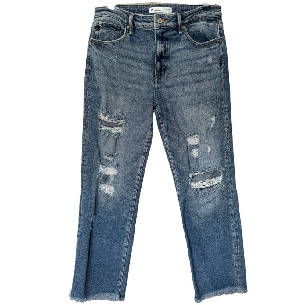KanCan for Maurice’s Distressed Straight Leg Denim Jeans, Sz 28, Frayed Hem, GUC